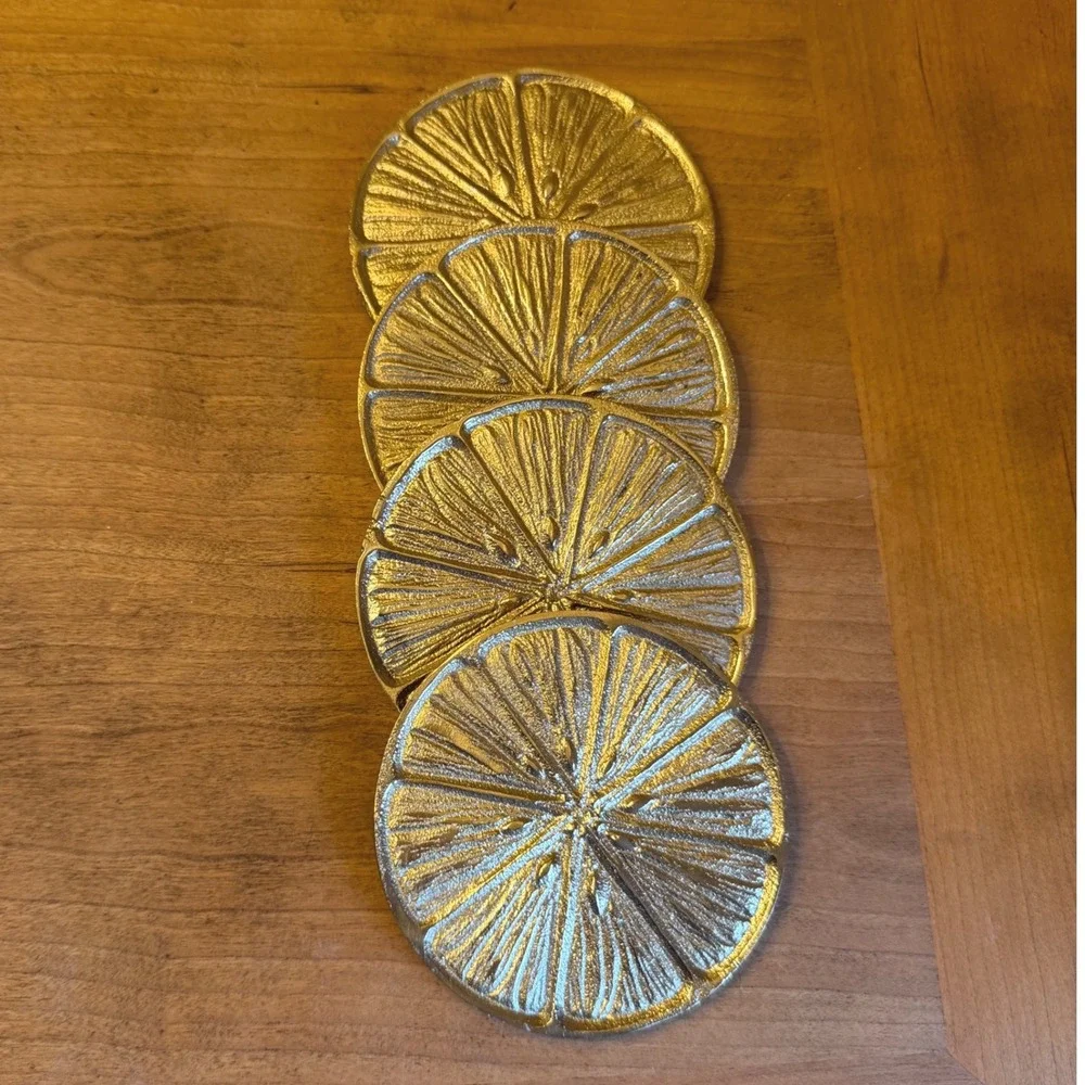 Set of 4 Gold Tone Orange Slice Metal Coasters Citrus Fruit Drink Coaster Set